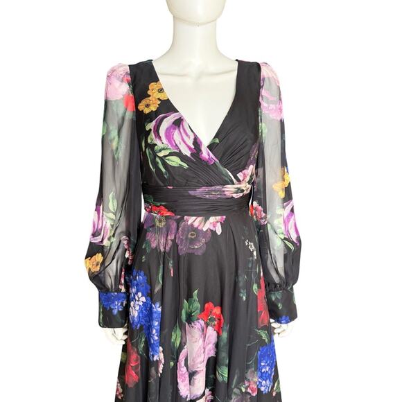 Mac Duggal Black Floral Print Chiffon Long Sleeve Maxi Dress 67872 Women’s Sz 6 - Picture 4 of 9